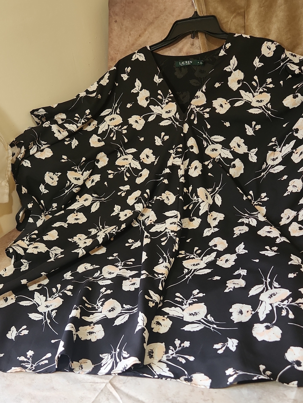 Lauren Ralph Lauren Black Floral Midi Dress with Cream Blooms "Bat" Sleeves